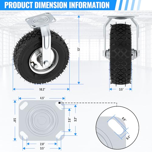 10 Inch Pneumatic Caster Wheels Set of 4 (2 Swivel/2 Rigid), Heavy Duty Silent Industrial Casters, Tolerable 1300 LBS, Rubber Swivel Wheels for Workbench, Cart, Trolley, Wagon and Shelves