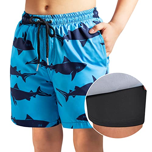 Boys Swim Trunks Little Boys Bathing Suit Swim Shorts With Boxer Brief Liner Quick Dry Beach Swimsuit Compression Shorts 3-14 Years (5-6 Years, Blue Shark) #TOP1