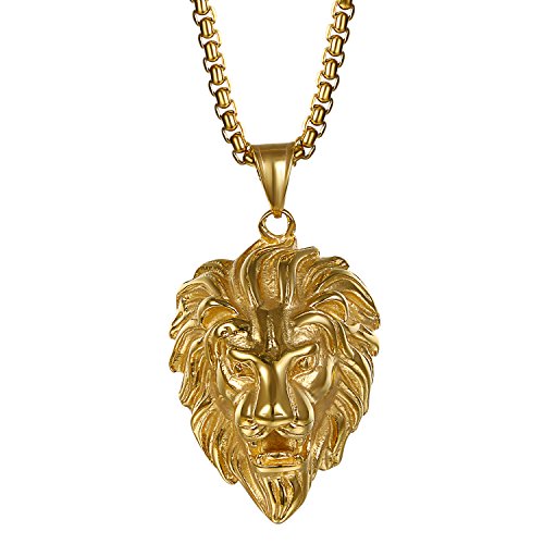 Cupimatch Lion Head Pendant Necklace, Mens Stainless Steel Gothic 22 Inch Biker Link Chain Gold Black