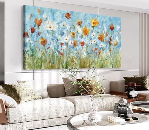 Image of VEAEE Wildflowers Canvas Wall Art Daisy Flowers Canvas Pictures Abstract Orange Red Green Floral Blossom Landscape Painting for Living Room Bedroom Kitchen Dining Room Home Office Decor 20 inchx40 inch