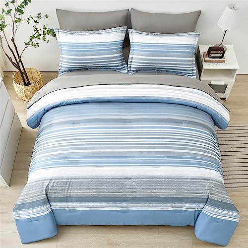 KAKIJUMN 7 Piece Bed in a Bag Stripe Comforter Set Full Size, White Grey Blue Striped Comforter and Sheet Set, All Season Soft Microfiber Complete Bedding Set(Light Blue,Full) - Image 4