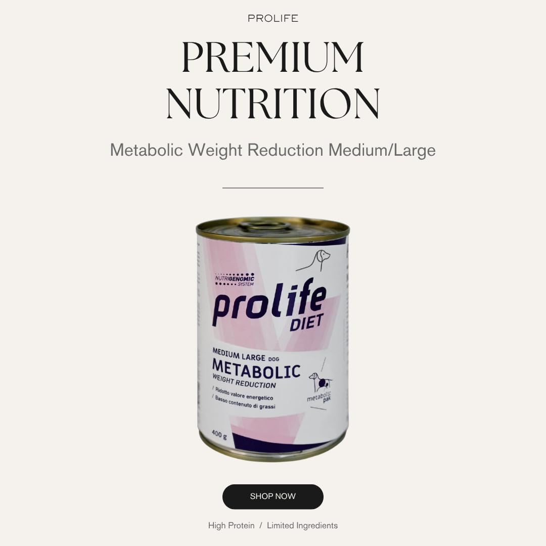 PRO-LIFE Cane Metabolic Weight Reduction Medium/Large | alimento umido completo dietetico per il cane adulto di taglia media e grande, per la riduzione dell’eccesso di peso, 6 lattine da 400 grammi.
