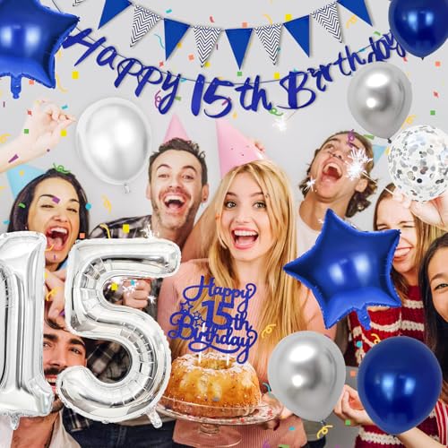 Hierein 15 Geburtstag Junge, Blau Silber Folienballon 15. Geburtstag Deko mit Happy Birthday Banner, Tortendeko, Wimpelkette, Geburtstagsdeko 15 Jahre Junge für Party Deko, Birthday Ballon