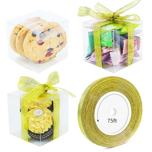 Quadafy 50 Pack Clear Candy Boxes 1.97 x 1.97 x 1.97 Inches Favor Boxes Transparent Plastic Gift Box With Ribbon Clear Favor Boxes for Treats Party Favors
