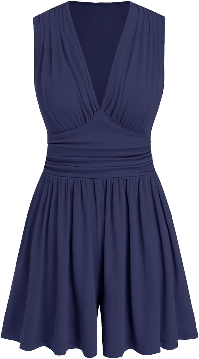 AUXDIO Women Summer Casual V Neck Romper Sleeveless Ruched Short Jumpsuits 2026 Beach Vacation Clothes