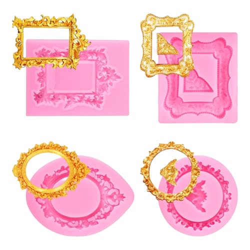 4 moldes de silicona reutilizables para marco de fotos para hornear fondant, chocolate, vintage, en relieve y antiadherentes, moldes de silicona multiusos para dulces y pasteles
