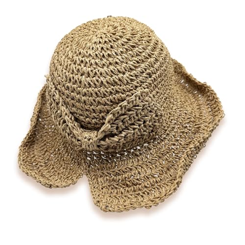 FUIPVGI Sombrero de Paja con nudo de lazo, Sombrero de Playa Mujer Verano Plegable, Borde Suave Transpirable Grande Ancho Cap,Señora Trenzado Sombreros de Sol para Viajes Decoración Vacaciones (Caqui)