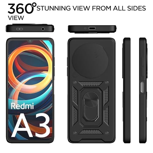 Image of Pikkme D10 Tough Armor Bumper Case | 360 Protection Case | Sliding Camera Shield Cover & Ring Holder Stand Back Cover for Redmi A3 (2024) / Redmi A3x / Poco C61(Black)