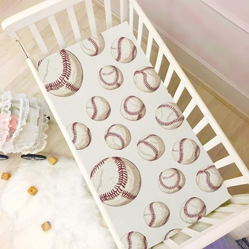 Image of Balls Baseballs Vintage Crib Sheets Soft Breathable Fitted Baby Crib Sheets Mattress Cover for Girls Boys, 52 inch x 28 inch x 9 inch