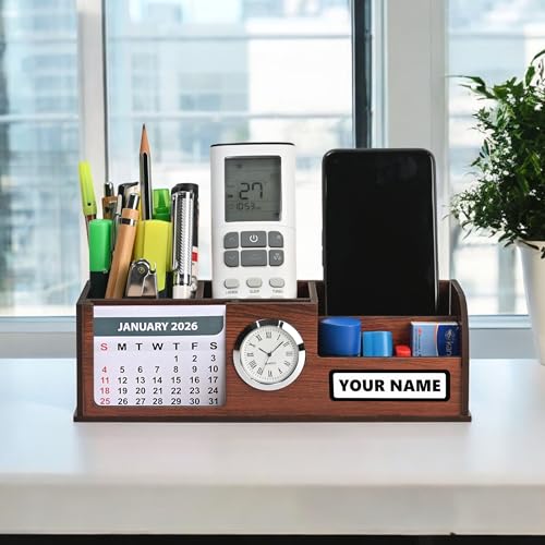 Image of Gift Kya De Personalized Stationery Desk Organizer With 2026 Calendar, Clock, And 4 Compartments - Elegant Wooden Table Organizer For Office And Home Use