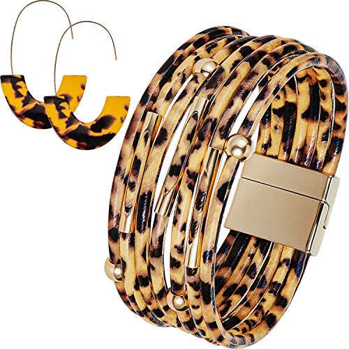 Leopard Bracelets Leopard Tube Bracelet Multilayer Leather Cuff Bracelet and Boho Leopard Earrings for Women Girls (Brown)