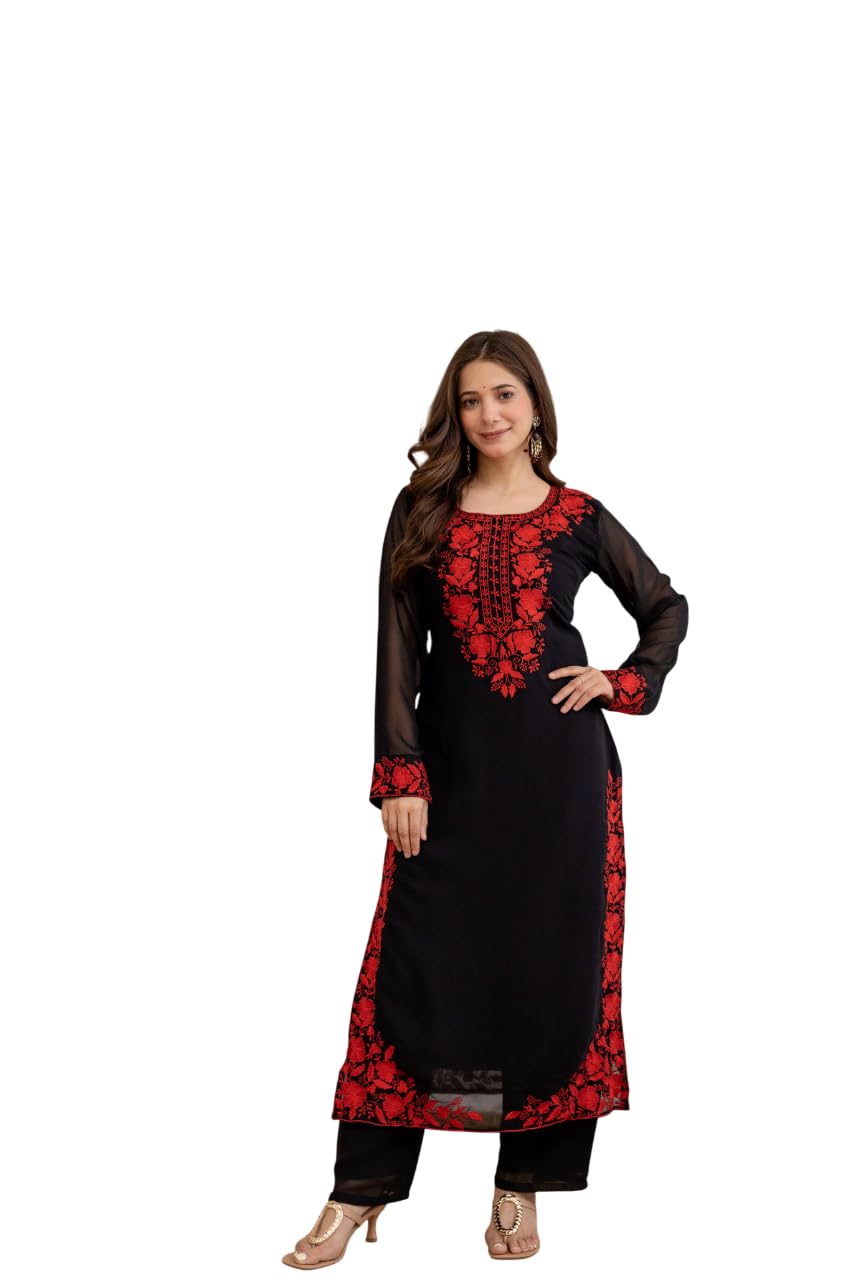 be in texo fab Black Georgette Embroidered Kurti Set with Pant and Dupatta, Red Floral Embroidery Work, 48 Inch Length, S-XXL-picture-17