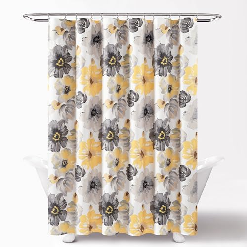 Image of Lush Decor Leah Floral Shower Curtain, 72 inch W x 72 inch L, Yellow & Gray - Fabric Shower Curtains - Watercolor Botanical Bathroom Curtain - Farmhouse & French Country Decor