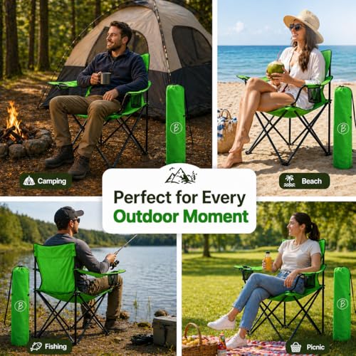 Image of BTAG Foldable Camping Chair with Armrest & Cup Holder, Portable Outdoor Chair with Carry Bag for Camping, Picnic, Fishing & Travel - Green