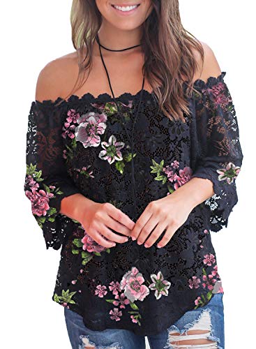 Image of MIHOLL Women's Lace Off Shoulder Tops Casual Loose Blouse Shirts