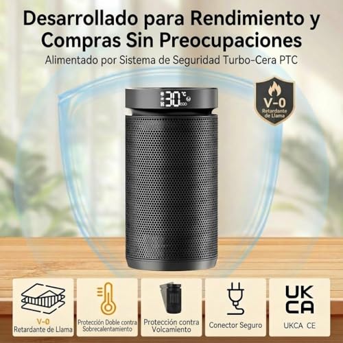 Calefactor ventilador bajo consumo 1500W calefactor ceramico portátil con termostato, temporizador de 12 horas, protección contra vuelcos y sobrecalentamiento dormitorios, oficinas e interiores - imagen 6