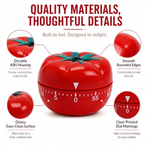 Image of Mechanical Kitchen Timer, Durable Rotary Timer with Loud Bell Alarm,Precise Time Measurement,No Battery Required,Cute Tomato Design for Kitchen,Baking,Study,Office & Daily Time Management