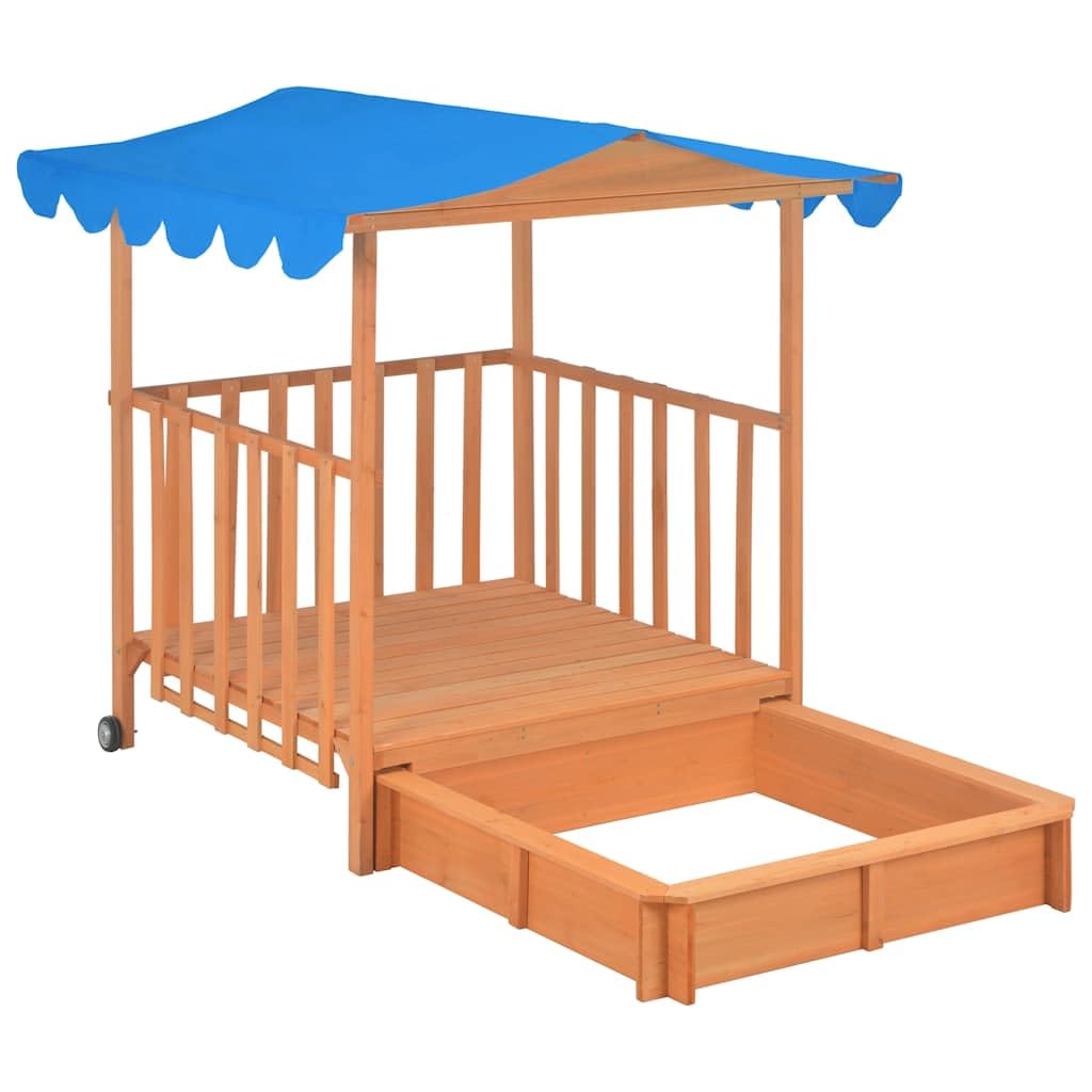Kinderspielhaus mit Sandkasten aus Tannenholz Blau UV50-Schutzdach, 130x130x143 cm, mit Rollen, Montagematerial, Garten Outdoor Spielhaus für Kleinkinder zum Draußenspielen und Buddeln