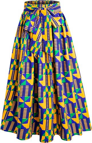 Women's African Print Long Skirt Kente Wax Maxi Skirts with Pockets Head Wrap Set