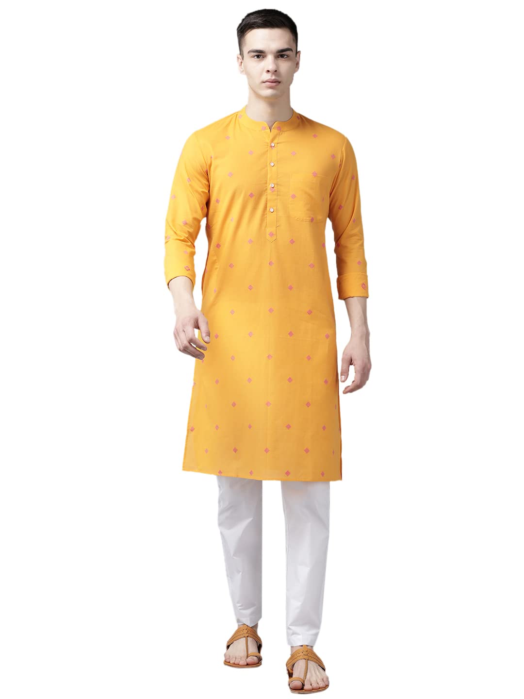 see designs Men Yellow & Maroon Woven Design Straight Kurta With Pyjama-picture-51