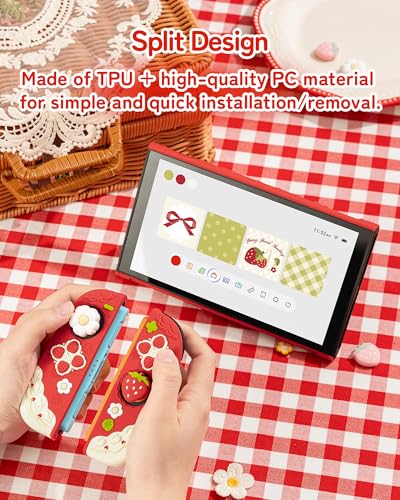 Image of GeekShare Strawberries with Cream Case Compatible with Switch 2, Slim Separable Soft Silicone Protective Shell with 2 Thumb Grip Caps -- Red