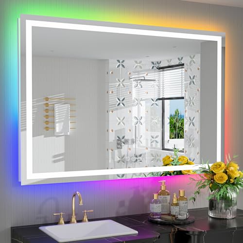 Image of 55x40 Inch RGB LED Bathroom Mirror Front Light and RGB Backlit Lighted Vanity Mirror for Bathroom Wall Mounted Dimmable Anti Fog Memory Shatter-Proof IP54 Waterproof Horizontal /Vertical