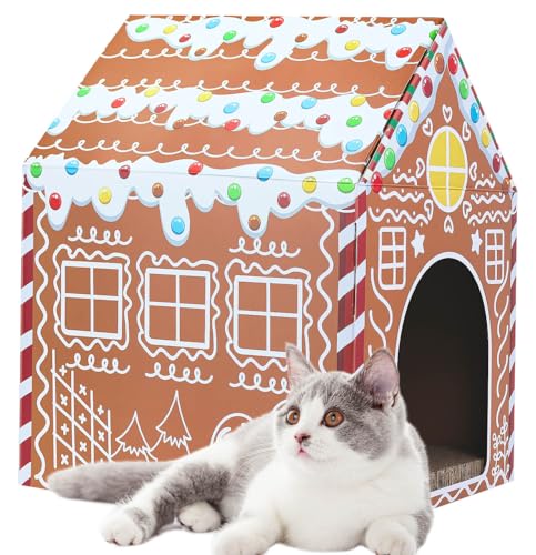 MUNILAIL Christmas Gingerbread Cat House 16.5"x 13"x19" Christmas Cardboard Cat Scratcher House with Scratching Pad for Indoor Cats Kittens Large Cat Playhouse