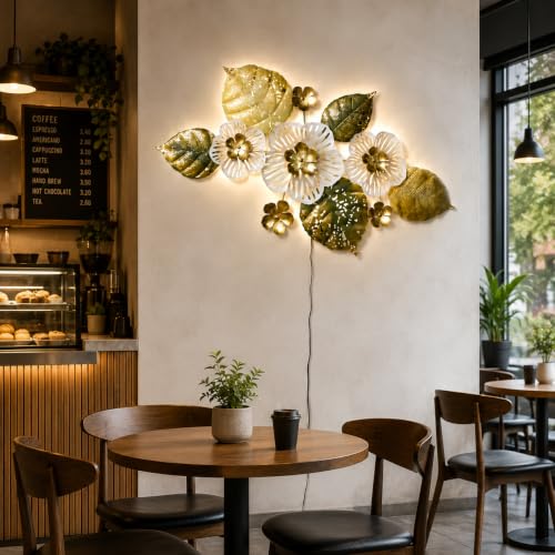 Image of Bharat Art Metal White Flower Wall Art with LED Light for Living Room | Handcrafted Iron Flower Wall Hanging Home Decoration for Bedroom, Hall, Office & Entrance | 47X2X24 | Tornado WD071 (B)
