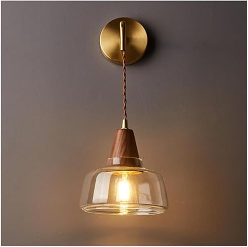 Vintage Walnut Wood Wall Sconce Rustic Glass Shade Brass Hanging Cord Light E12E14 Base for Bedroom Living Room Hallway Bathroom(16 * 16cm)
