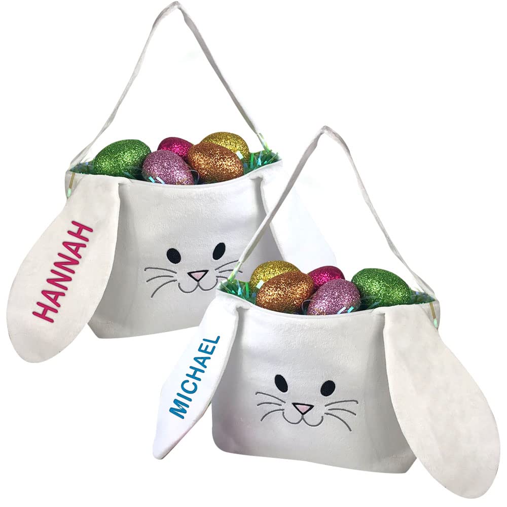 GiftsForYouNow Personalized Embroidered Name Bunny Basket - 9 x 6 x 8.5 Inches, Blue, Pink or Rainbow Thread