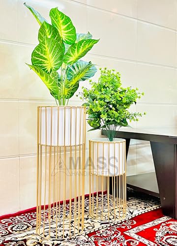 Image of Modern Metal Decorative Floor Standing White And Gold Indoor Outdoor Plant Stand With Pot For Home Decor Living Room Office Bedroom Balcony Set of 2 Flower Pots (White)