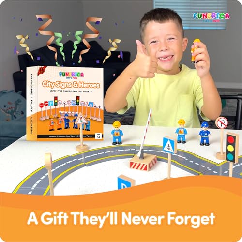 FUNERICA Wooden Road Signs for Kids – Traffic Signs with Action Figures for Kids - Traffic Lights, Street Signs, Stop Sign, Toy People, Construction Workers, Community Helpers & Police Figures