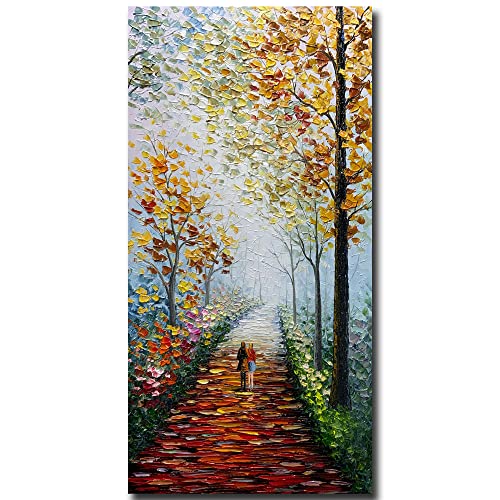 V-inspire art,24x48 inch Modern 100% Hand-Painted Oil Painting - Romantic and colorful afternoon path - Rustic Style Home Furnishing Canvas Painting Decoration 3D Abstract Mural Painting Frame Wall