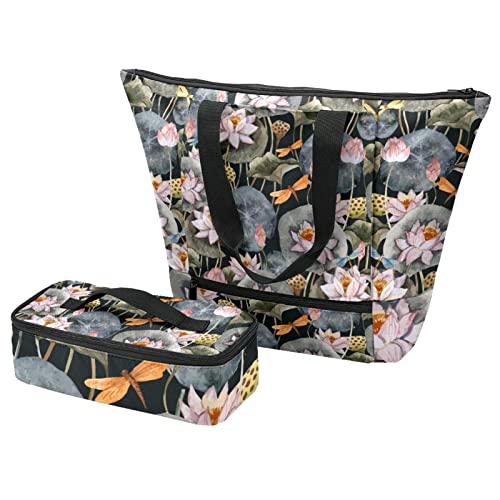 Grand sac fourre-tout motif lotus peint à la main et boîte repas