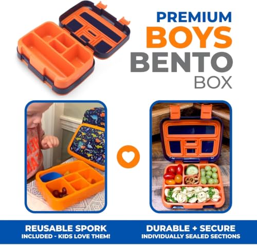 Image of kinsho Bento Lunch Boxes for Boys Toddlers, 5 Portion Sections Secure Lid, Snack Container, Microwave Safe BPA Free Removable Plastic Tray, Pre-School Kid Daycare Lunches, 2 Pack Dinosaur + Rocket