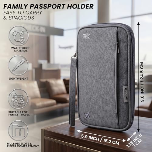 Image of Wooum Passport Case Pouch Bag Holder with Document, Card, Boarding Pass Organizer Holder Passport Organizer case with Handle & RFID (Grey)
