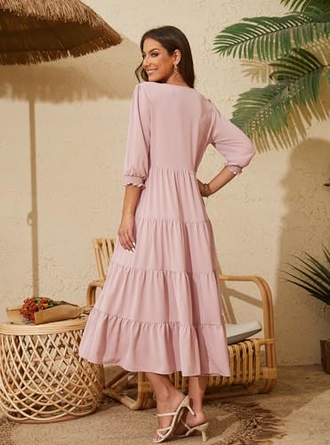 Beautiful Nomad Women's Casual V Neck Boho Dress Puff Sleeve High Waist Floral Smocked Flowy Ruffle Midi Dresses3