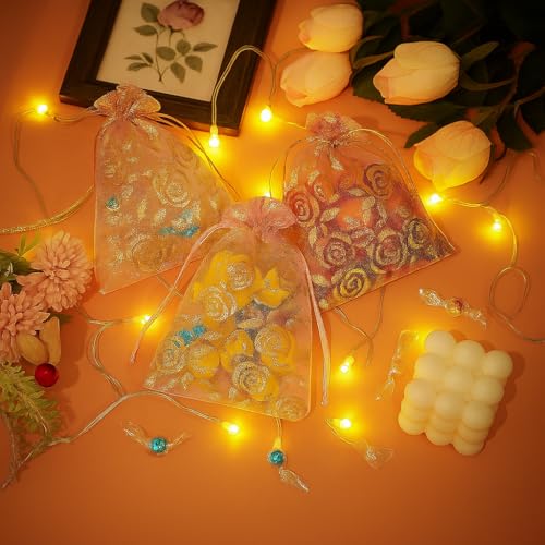 Image of XCLUSY 50PCS (13X18CM)(5x7 inchINCH) Potli Bags for Gifting - Multipurpose Wedding Return Gift Bags | Party Favour, Birthday, Anniversary, Festive Packing Pouches | Organza, Cloth, Brocade, Fancy Luxury Goodie Bags (LIGHT PINK PRINTED, 1 Count(Pack of 50))
