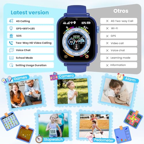 Image of 4G Kids Smart Watch for Boys Girls, Kid Watch Phone Ages 4-12 with Call, GPS, SOS, Video Call, Games, Camera, Alarm, Touchscreen Smartwatch for Children Birthday Gift (Includes SIM Card),Navy Blue