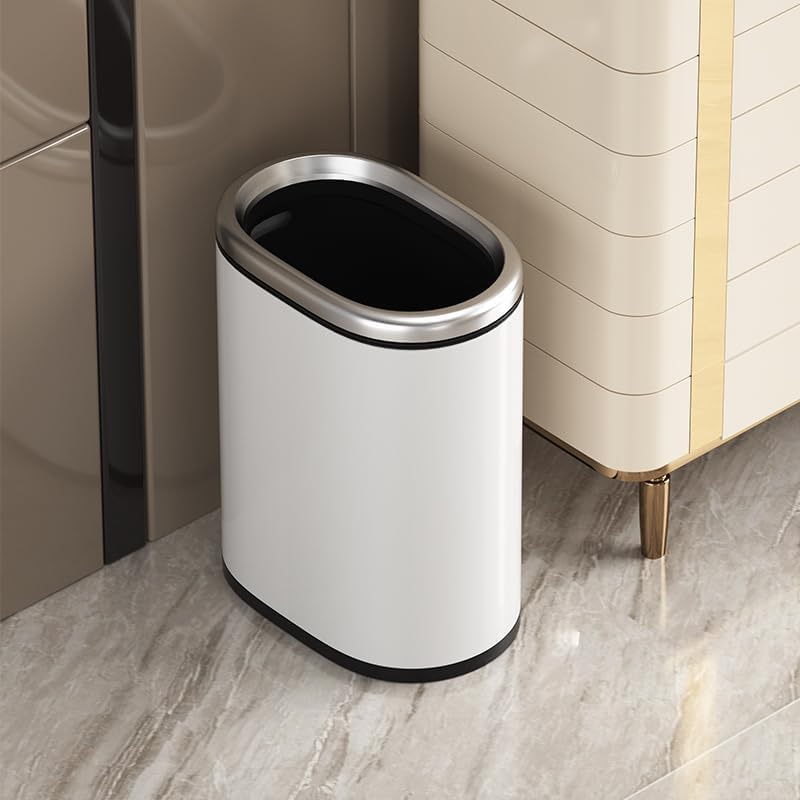 Image of 2.4 Gallon Small Kitchen Trash can, White and Silver Garbage Can, Open Top, Narrow Tiny Waste Basket, for Near Desk Bathroom Bedroom Office Hotel Home (White)