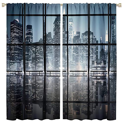 New York Curtains,Modern NYC Scenery at Night with Skyscrapers Buildings City Theme Blackout Rod...