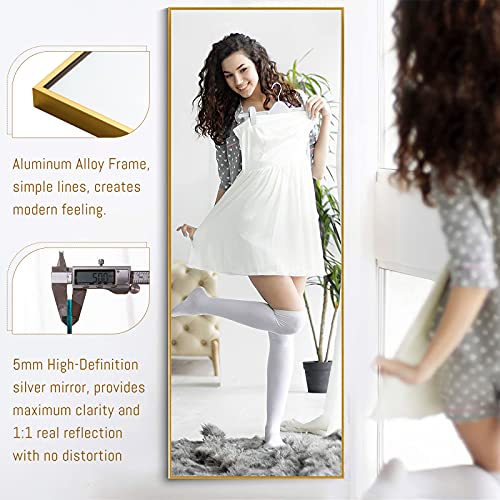 Image of NeuType 55 inchx16 inch Full Length Mirror with Standing Holder Aluminum Alloy Frame Floor Mirror Wall-Mounted Mirror for Living Room, Bedroom, Hanging or Leaning Against Wall, Golden (with Stand)