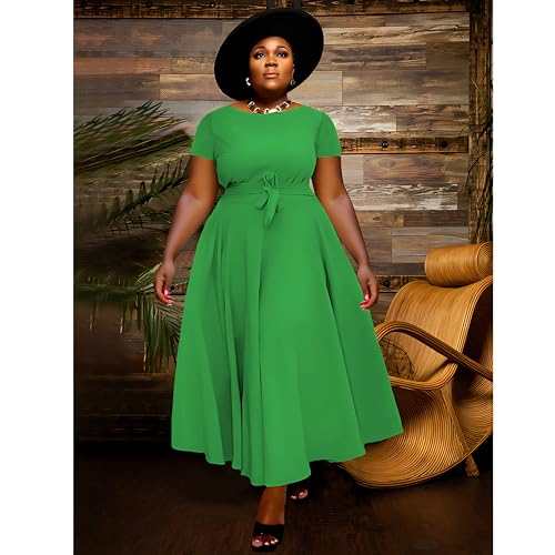 Image of BFFBABY Plus Size Dress A Line Dresses for Women Summer Long Dresses with Sleeve Casual Belted
