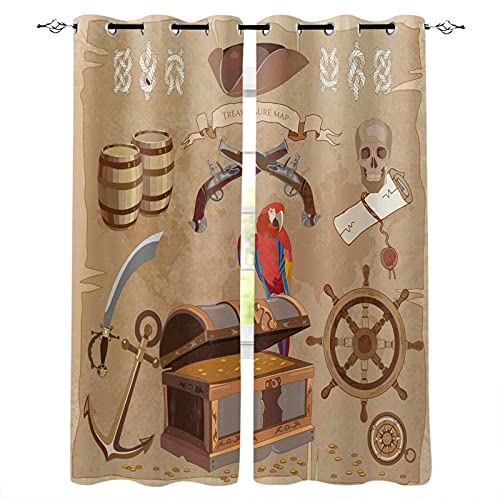 ADKMC Rideau Occultant Isolant Thermique Pirate Perroquet Trésor Crâne 150X166Cm Rideaux À Oeillets 3D Rideaux Ltants pour Chambre Salon Enfant Home Decorative Rideau...