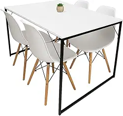 Mesa de Jantar Industrial 120x80cm com Tampo Branco e 4 Cadeiras Eames, Base em Madeira (Cadeiras Brancas)