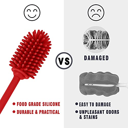 Image of Silicone Bottle Cleaning Brush with Long Handle, BPA Free 12.5 inch Water Bottle Cleaner for Baby Bottles, Hydro Flask, Sports Bottle, Vase, Glassware, Perfect for Smaller Diameter Bottle Openings (Red)