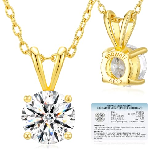 shownii Diamond Necklace Certified LAB GROWN 0.5CT Round Diamond Necklaces for Women 14K Gold Plated Sterling Silver 4 Prong Solitaire Pendant Jewelry (G-H Color SI1-VS2 Clarity)