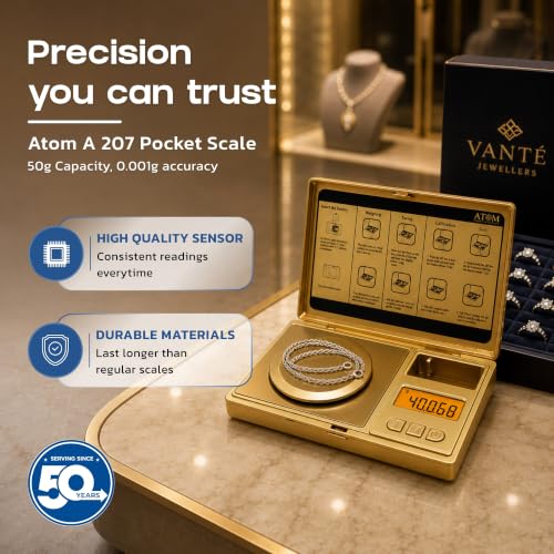 Image of ATOM A207 Digital Pocket Weighing Scale (50 g) | Small Weight Machine for Jewellery, Gold, Kitchen & Gram Measuring | 0.001 g High Precision with Tare, Unit Conversion & Weighing Pan, Battery Operated