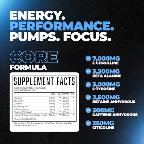 Image of Wrecked Core - All-in-One Pre-Workout Supplement for Men & Women, Increase Energy, Focus & Pumps with L-Citrulline, Beta-Alanine, L-Tyrosine & More (30 Servings) - Blue Raspberry