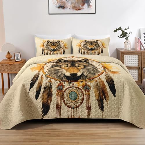 Pamnest Quilt Set Full/Queen Size, Colorful Tribal Wolf 3 Pcs Soft Bed Cover Bedding Set for Kids and Adults, American Boho Feather Dog Lightweight Bedspread Coverlet with Pillow Sham for All Season